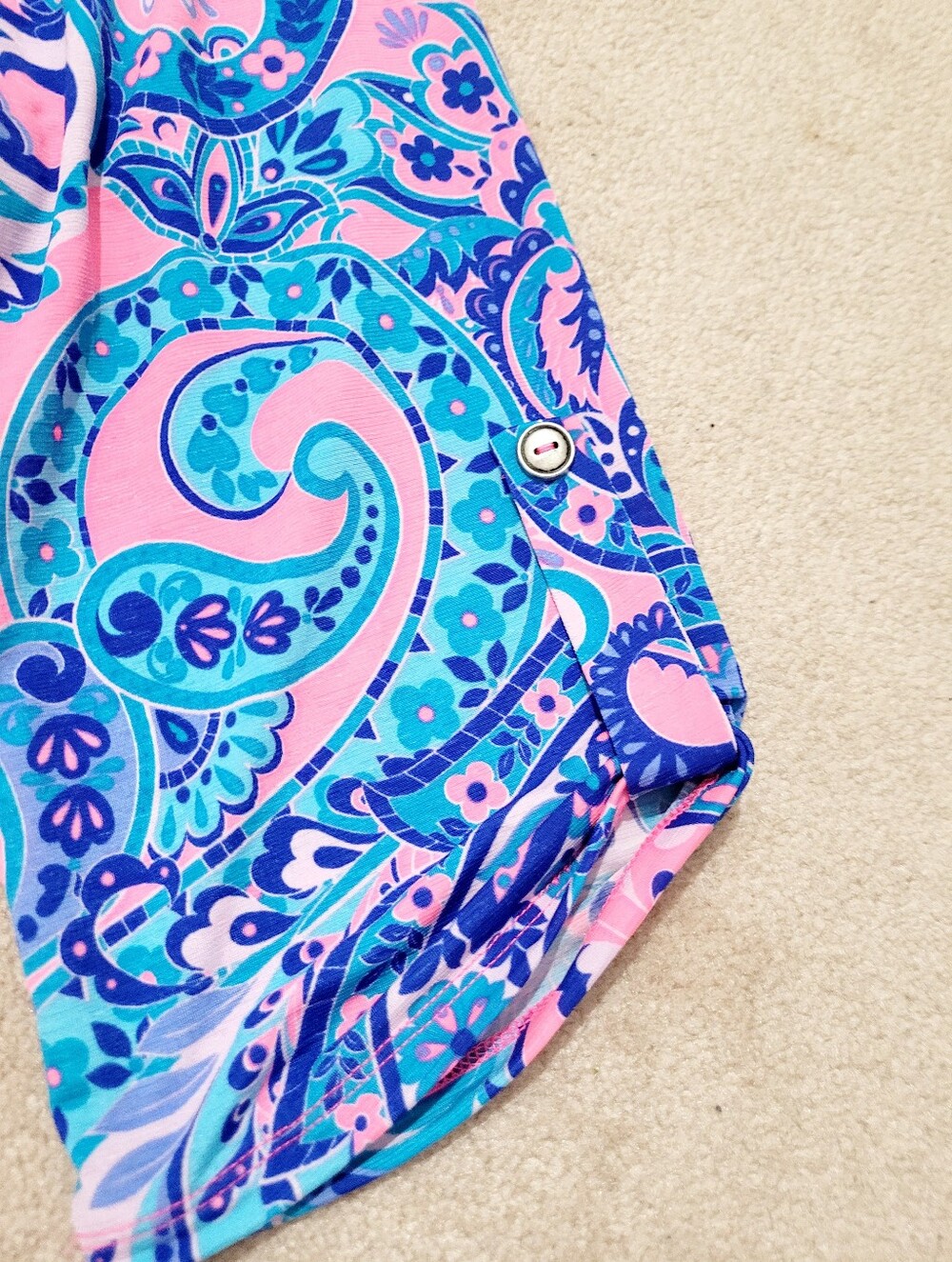 Dear Scarlett Size XL Paisley Tunic Top Pink Blue Roll Tab Sleeve Stretch Boho - Picture 13 of 13
